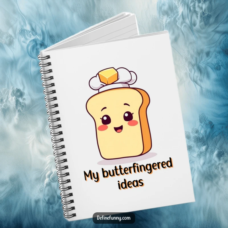 Funny notebook with a bread loaf chef character slipping on butter, ideal for jotting down ideas with a humorous touch.