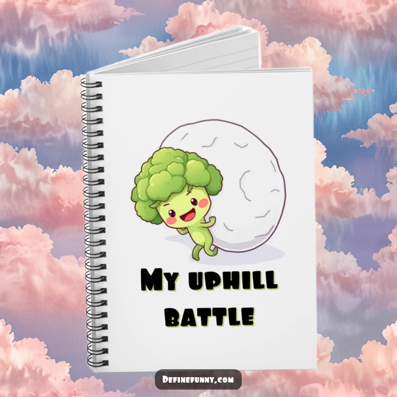 Funny notebook cover with an optimistic broccoli floret character pushing a massive snowball uphill, ready for notes.
