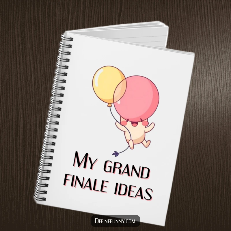 Funny Kawaii balloon character comically popping itself while attempting flight, on the cover of a notebook. A humorous stationery item.