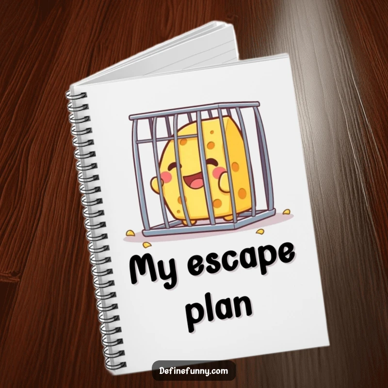 Funny Kawaii cheese character, joyfully escaping a tiny cage, gracing the cover of a notebook for humorous planning.