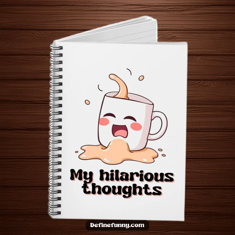 Funny Kawaii coffee mug character, spilling its contents while laughing hysterically, gracing the cover of a notebook.