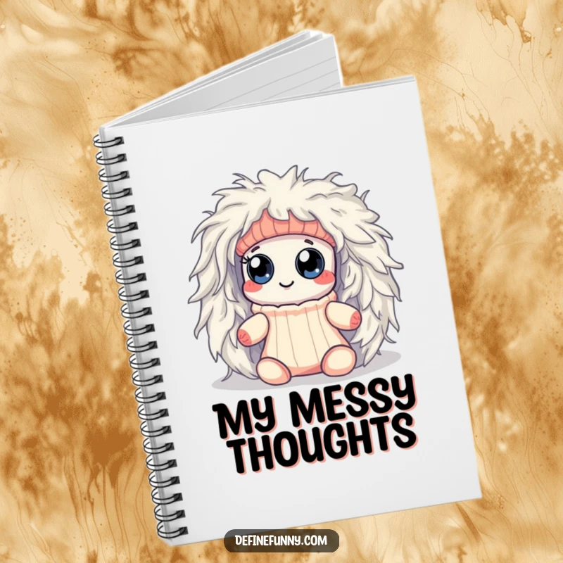 Funny Kawaii sock character with googly eyes, trapped in a dryer lint monster, featured on a notebook cover for comedic note-taking.