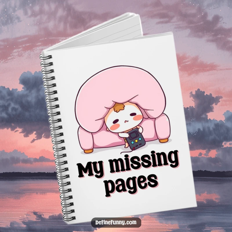 Funny notebook cover with a blushing remote control character frantically searching under a giant sofa cushion, symbolizing the search for entertainment.