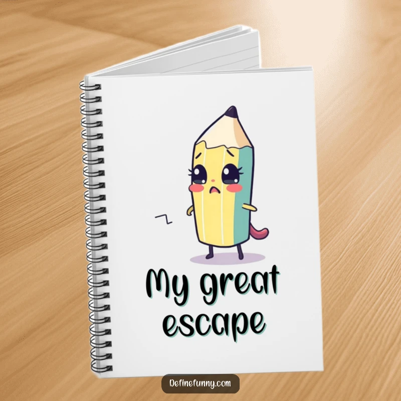 Funny notebook cover with a nervous pencil character drawing its escape route. For notes and plans.
