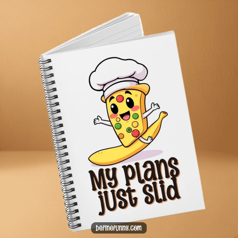 Funny notebook cover with a pizza slice chef slipping on a banana peel, perfect for note-taking and doodling.
