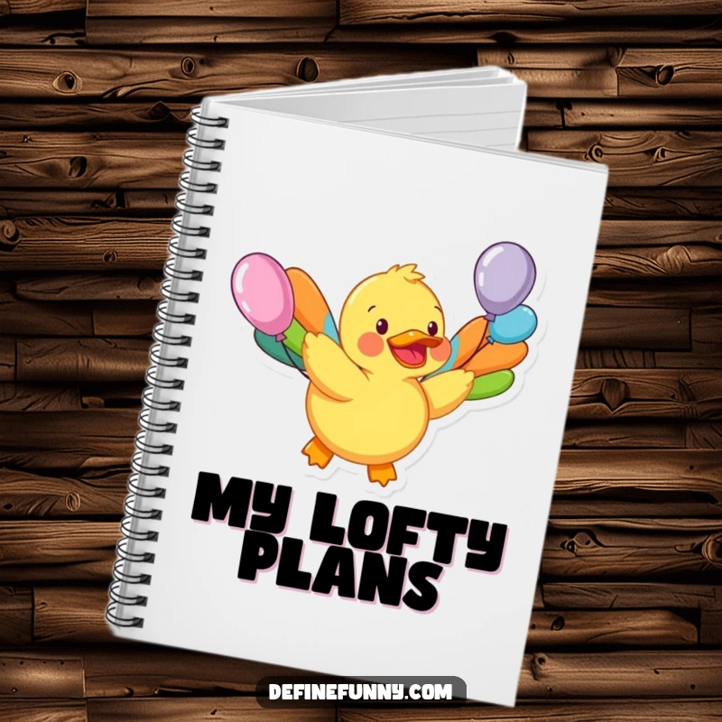 Funny notebook with a happy rubber duck character with balloon wings attempting flight, ideal for jotting down ideas with humor.