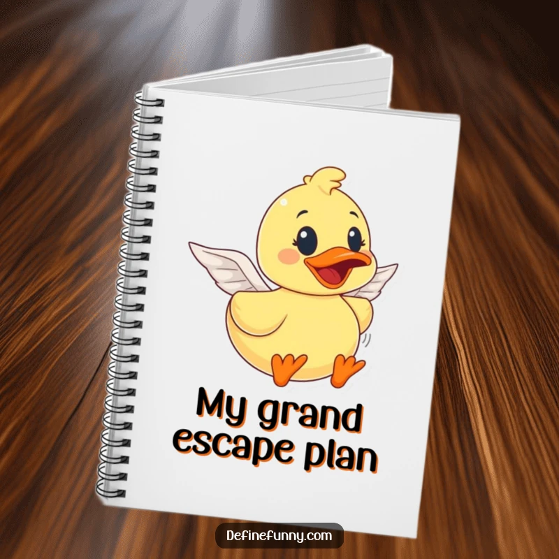 Funny rubber duck character with paper wings, aiming for the sky, on a ruled notebook cover, a perfect funny gift.
