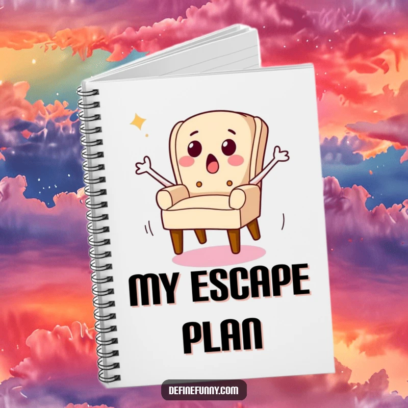 Funny notebook cover with a chair character running away on legs, symbolizing quick thinking or a hasty retreat.