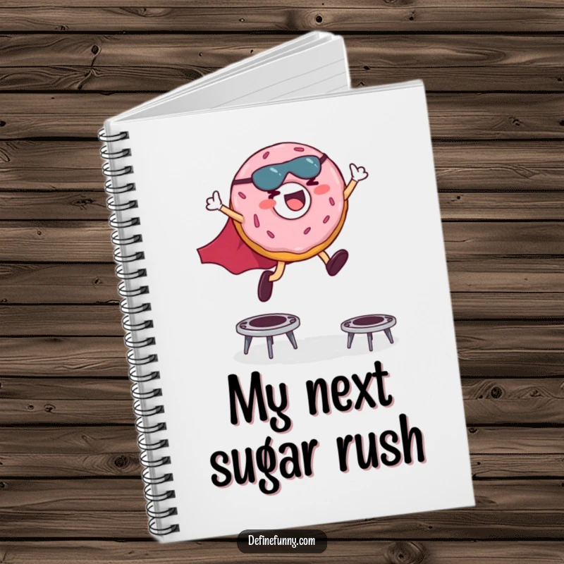 Funny notebook cover with a giggling donut superhero in a cape leaping over miniature trampolines, ready for notes.