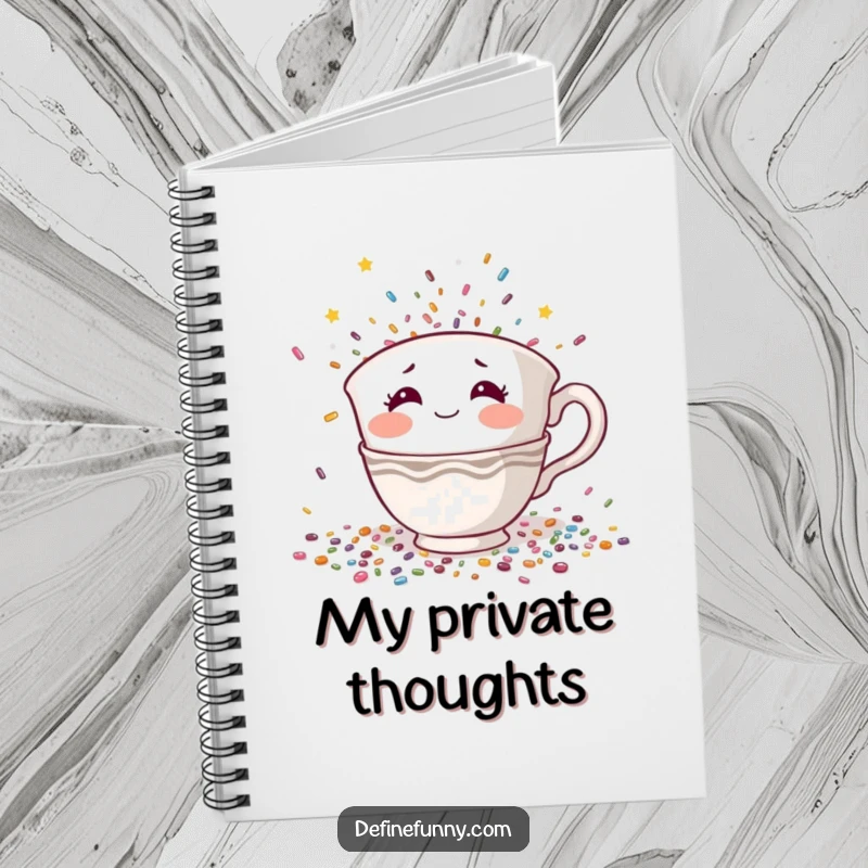 Funny notebook with a shy teacup character with rosy cheeks hiding from falling confetti, a perfect humorous introvert gift.