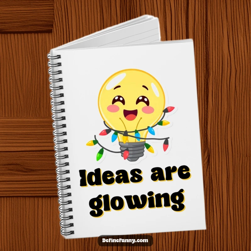 Funny, delighted lightbulb character with festive lights, on a ruled notebook, a perfect funny gift.