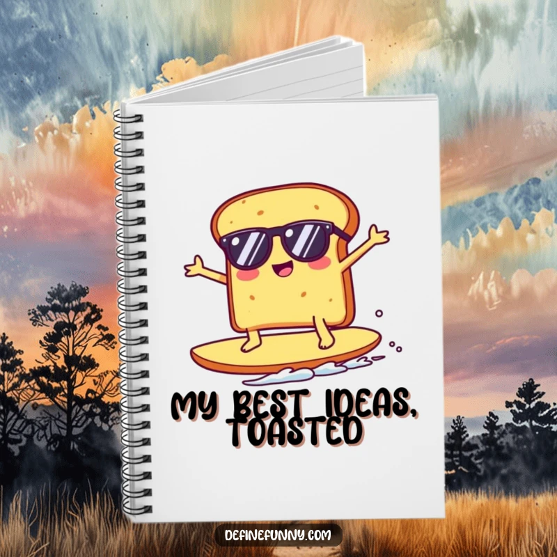 Funny Kawaii toast character in sunglasses surfing a giant crumb, gracing the cover of a notebook, ready to record funny thoughts.