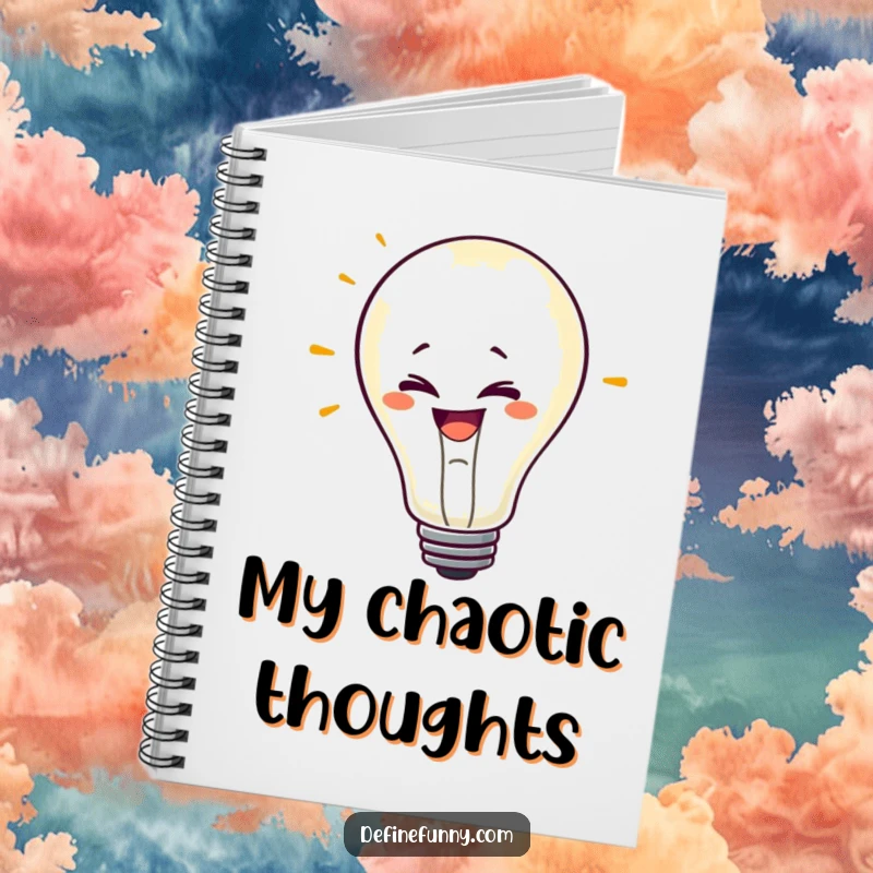 Funny notebook cover with a mischievous lightbulb character with a grin, flickering erratically, symbolizing quick or erratic ideas.