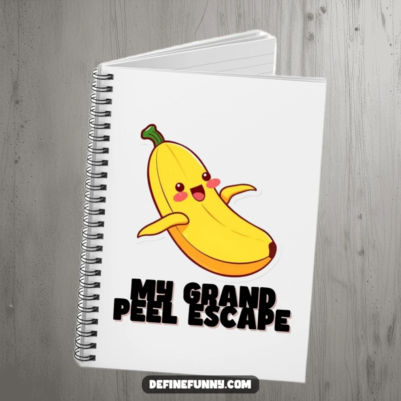 Funny Kawaii banana character in ecstatic motion, sliding down its peel, inspiring joyful thoughts in this humorous notebook.