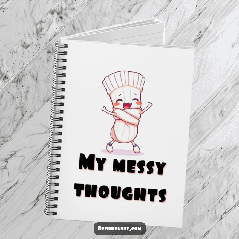 Funny notebook cover with a clumsy sock character tied in a knot, comically tripping, symbolizing life's ups and downs.