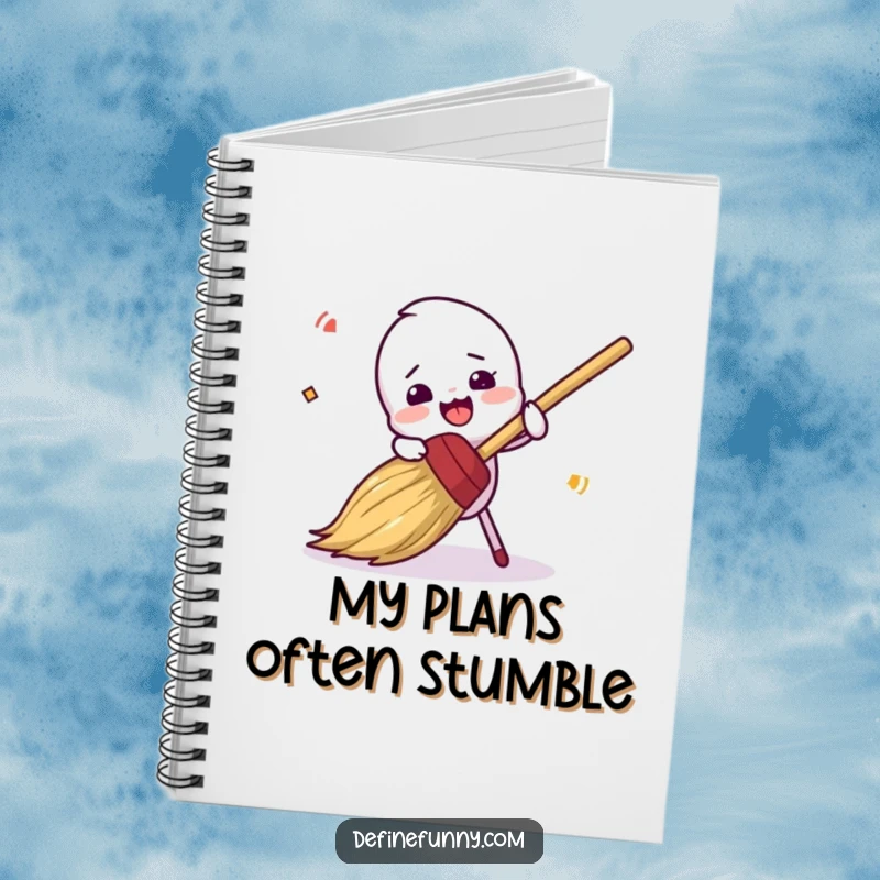 Funny, clumsy broom character tripping, on a ruled notebook cover, a perfect funny gift.