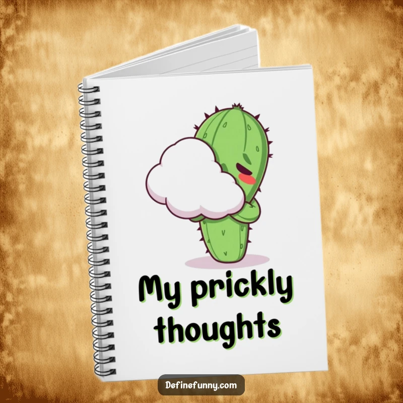 Funny Kawaii cactus character, looking uncomfortable while hugging a cloud, gracing the cover of a notebook for humorous notes.