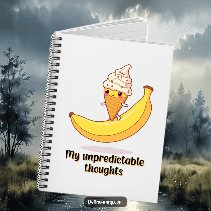 Funny Ice Cream Cone Notebook: A clumsy, sprinkle-covered character slipping on a banana peel, ideal for notes and funny thoughts.