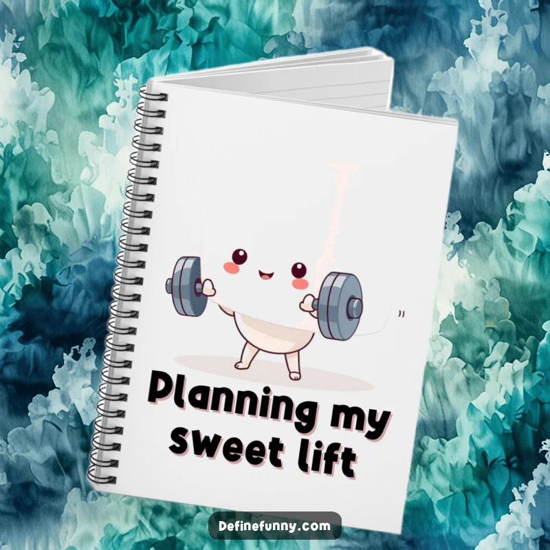 Funny Kawaii dumbbell character trying to lift a large marshmallow on the cover of a humorous notebook. Funny stationery.