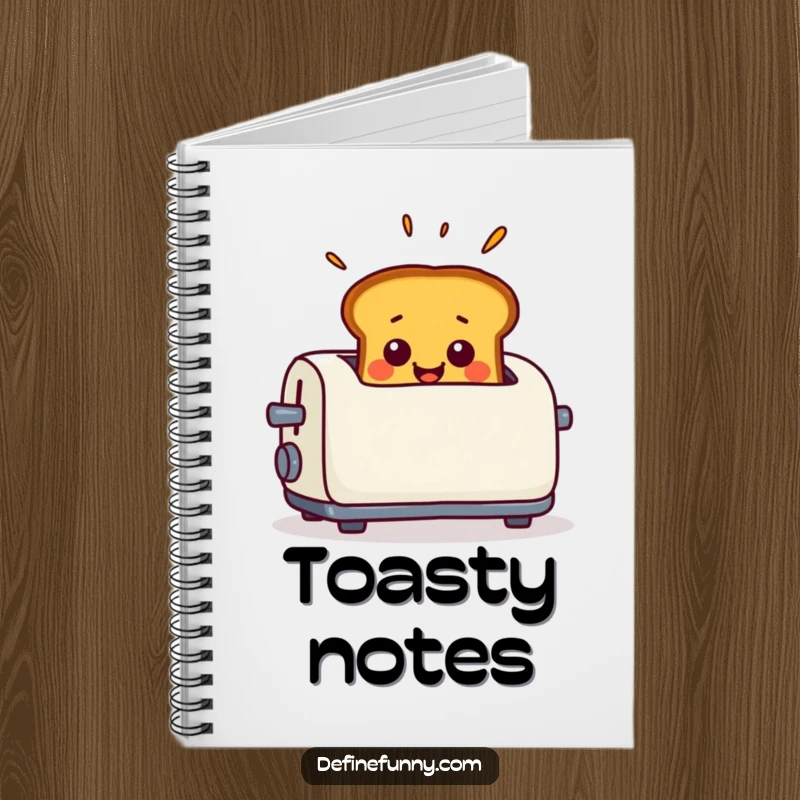 Funny Notebook featuring smiling toast popping out of a toaster with a surprised expression, perfect for journaling.