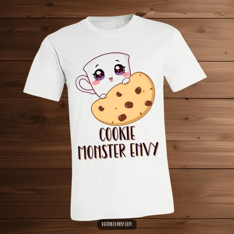 Funny t-shirt showing a teacup character with surprised eyes peeking over a giant cookie, capturing a moment of delicious discovery.