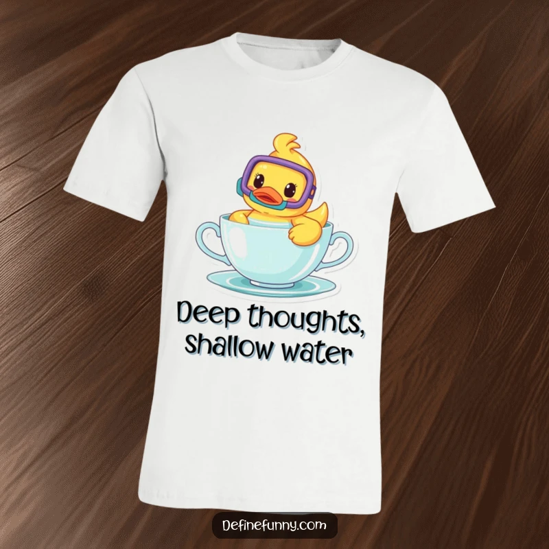 Funny t-shirt showing a cheerful rubber ducky with a snorkel, playfully swimming in a teacup, radiating joy and humor.