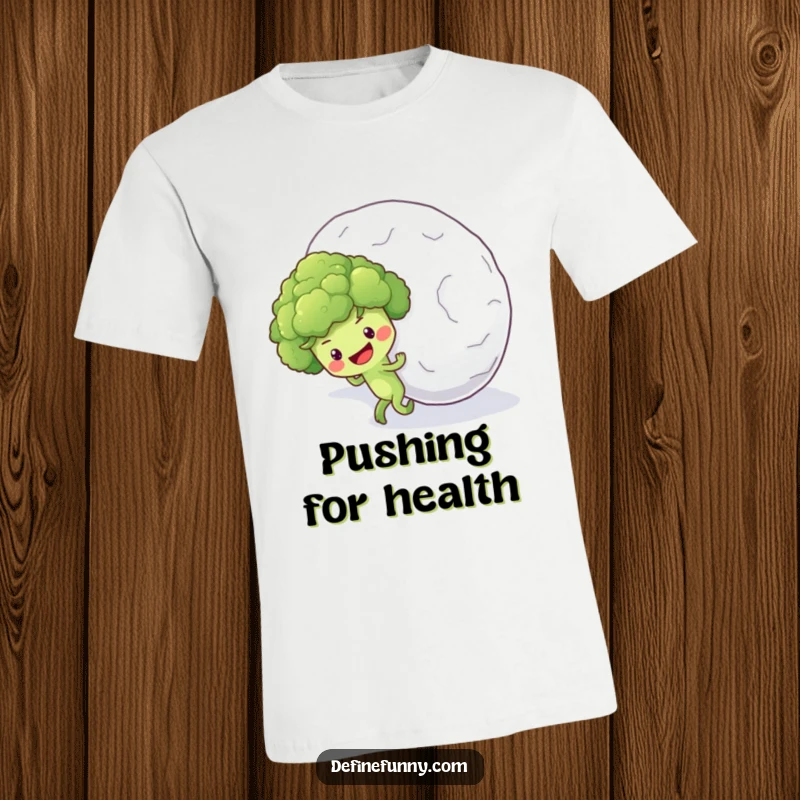 Funny t-shirt graphic of a tenacious broccoli floret character attempting to push a giant snowball up a steep hill.