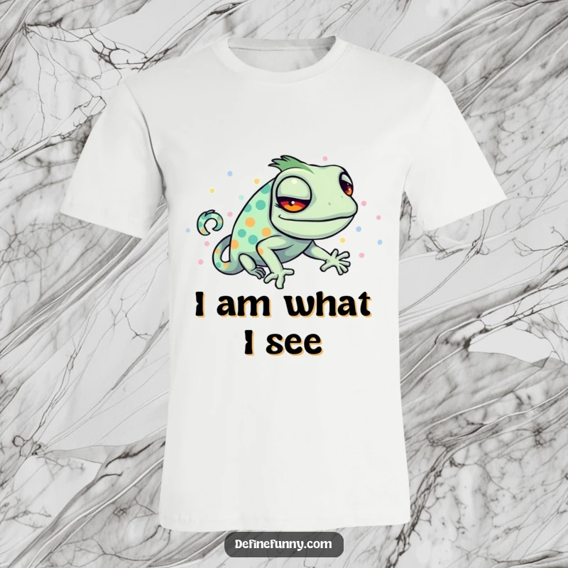 Funny t-shirt of a sly chameleon failing to blend with a bright, polka-dotted pattern, ideal for a fun gift.