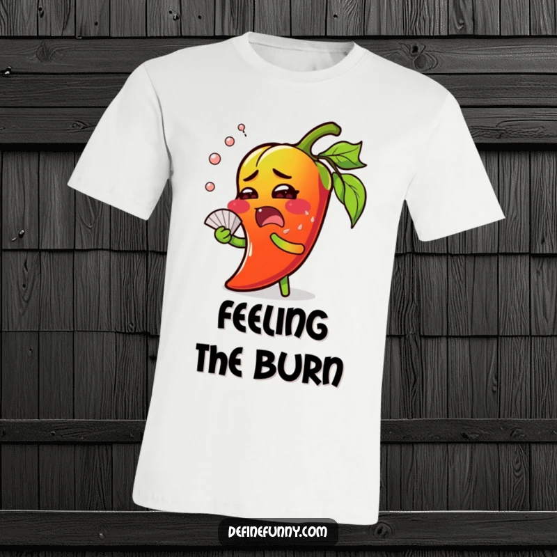 Funny chili pepper t-shirt, surprised face, sweating profusely and fanning itself, conveying intense heat, excellent gift.