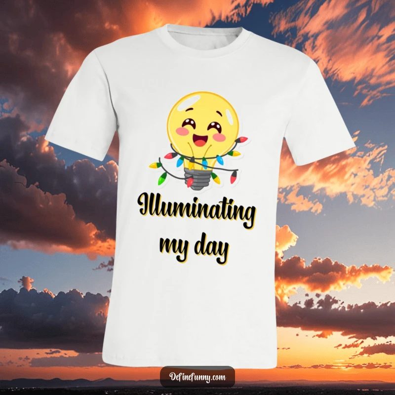 Funny, delighted lightbulb character adorned with festive lights, printed on a t-shirt, a great funny gift.