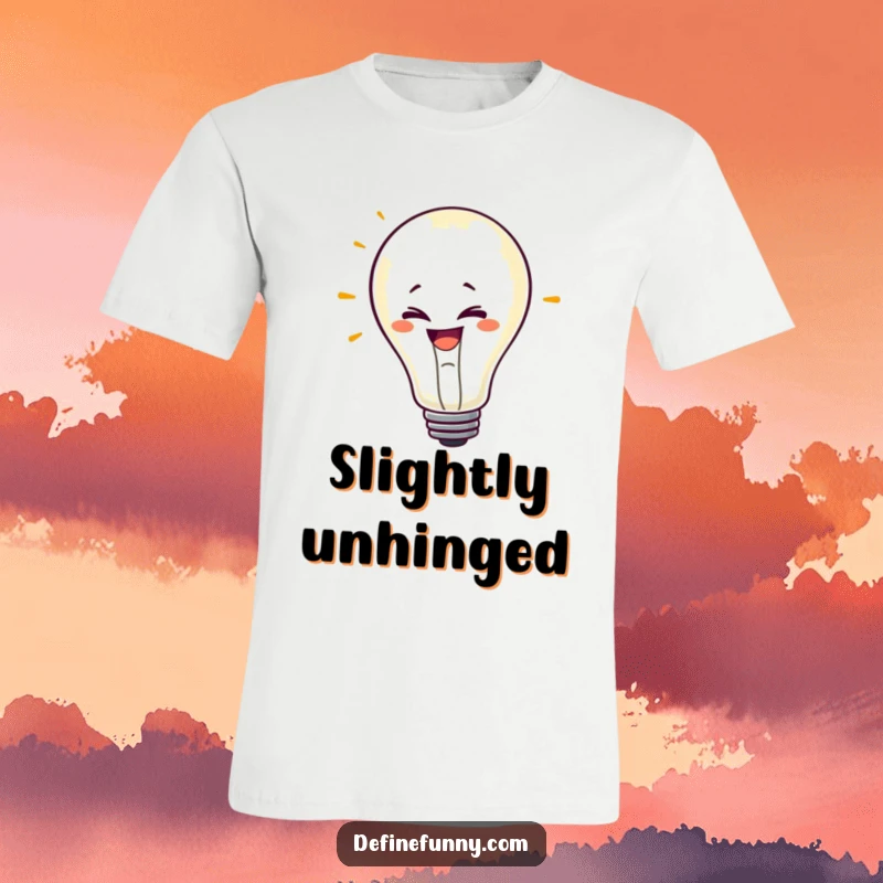 Funny t-shirt featuring a mischievous lightbulb character with a grin, flickering erratically, representing chaotic energy and humor.