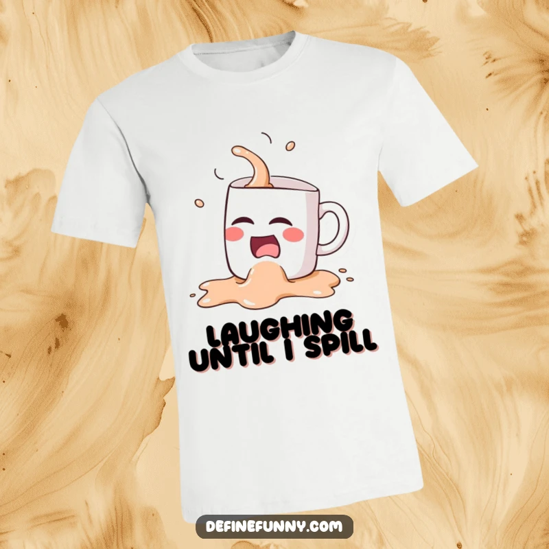 Funny Kawaii coffee mug character, mid-spill and laughing uncontrollably, featured on a t-shirt for comedic effect.