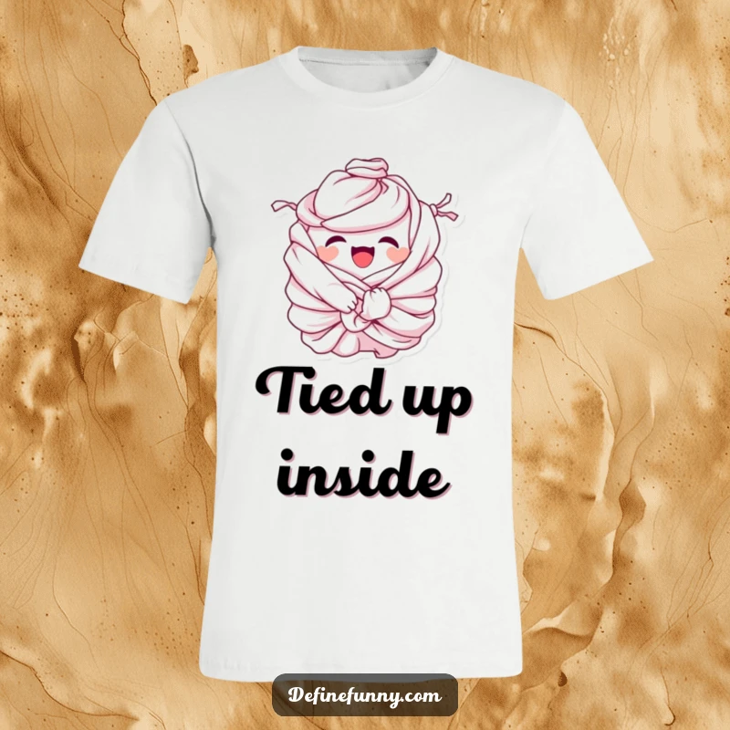 Funny T-Shirt: Giggling pile of laundry character comically tied in knots, humorously depicting the tangled and overwhelming nature of laundry.