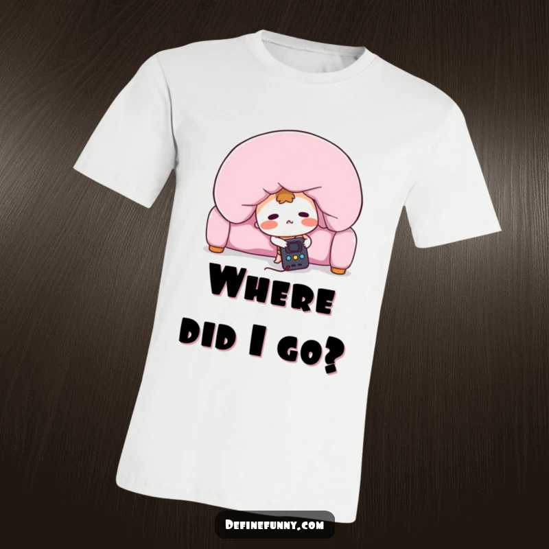 Funny t-shirt featuring a blushing remote control character frantically searching under a giant sofa cushion, a humorous take on losing things.