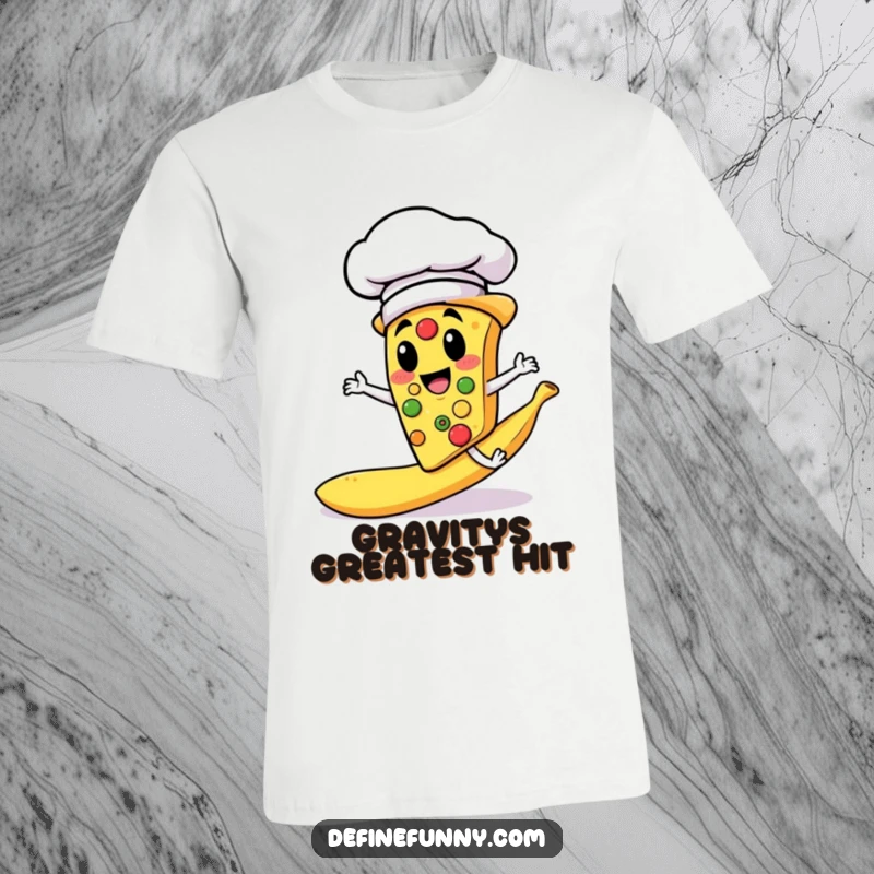 Funny T-shirt of a pizza slice chef with a chef hat slipping on a banana peel. Humorous food-themed apparel.