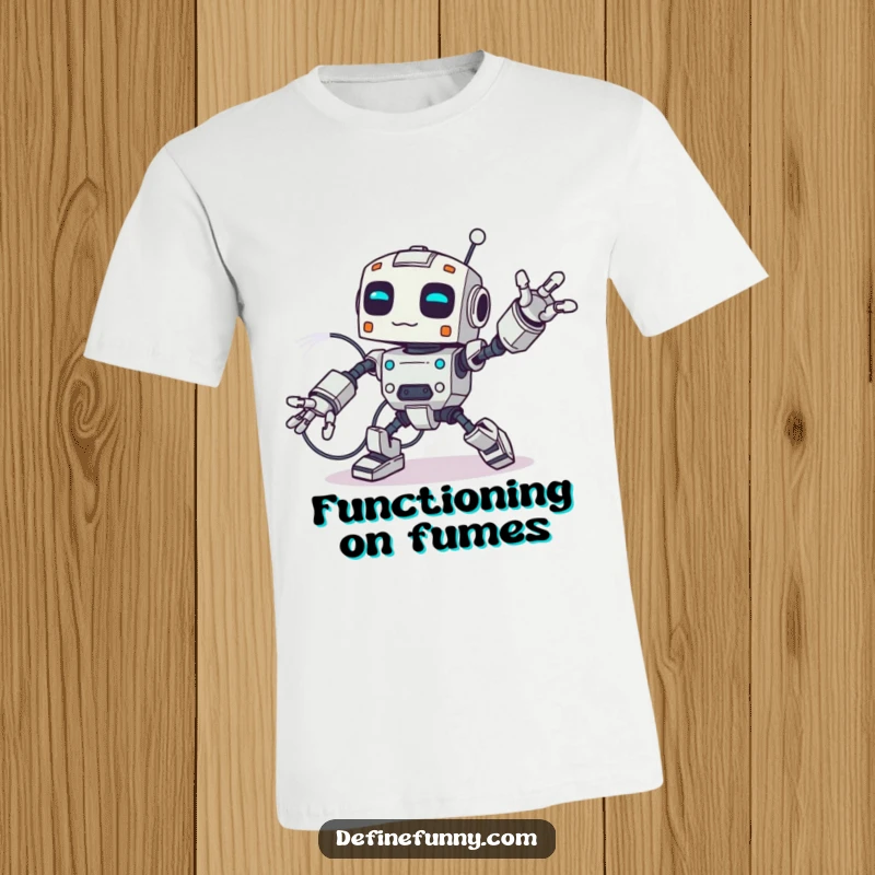 Funny t-shirt depicting a comically clumsy robot tumbling over its own thick wires, limbs askew, pure mechanical disaster.