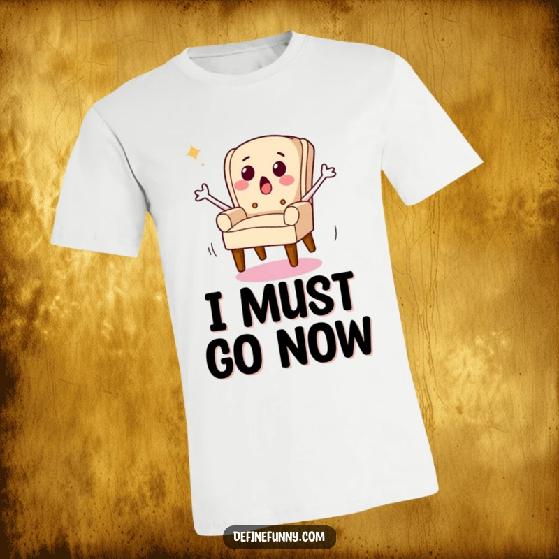 Funny t-shirt showcasing a chair character sprouting legs and running away in a panicked, humorous flight.