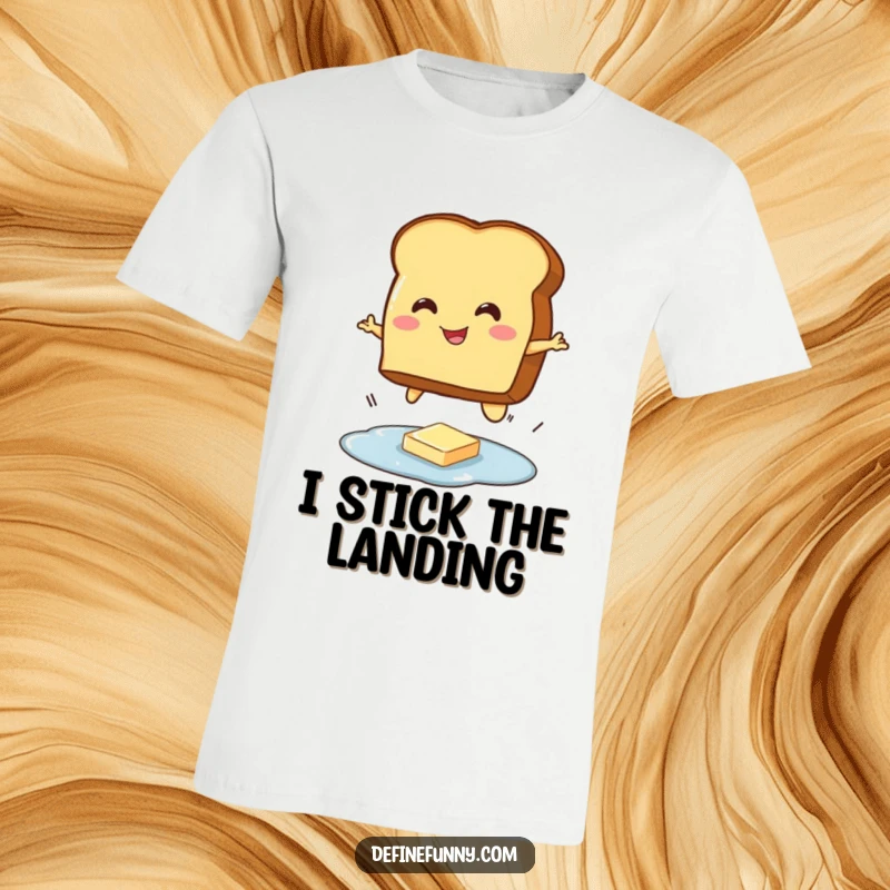 Funny t-shirt with a smiling toast character mid-air, attempting to jump over a tiny butter puddle, a comical breakfast scene.