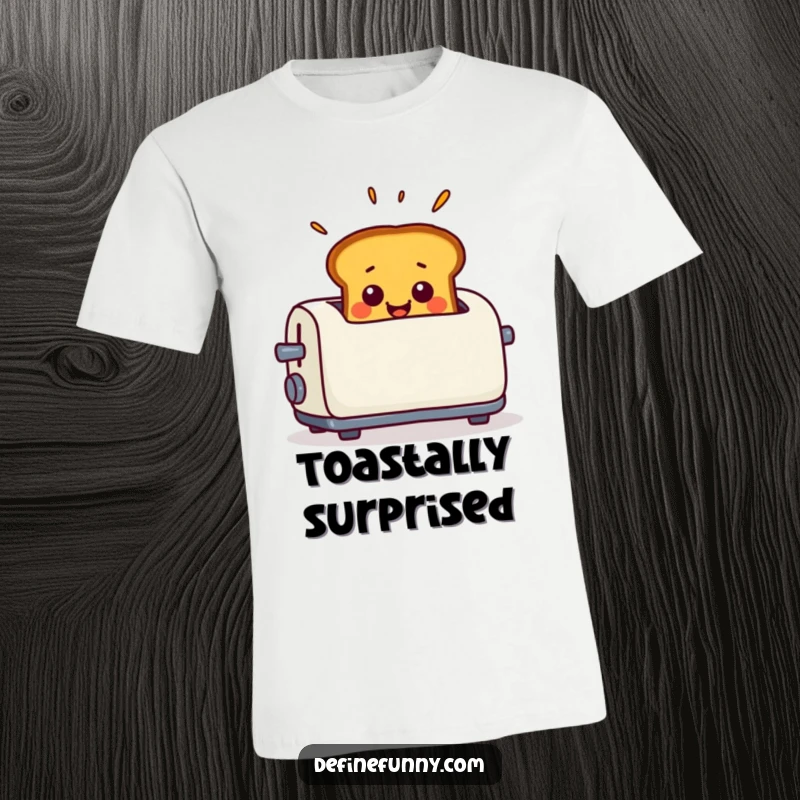 Funny T-Shirt depicting smiling toast popping out of a toaster with a comically surprised expression.