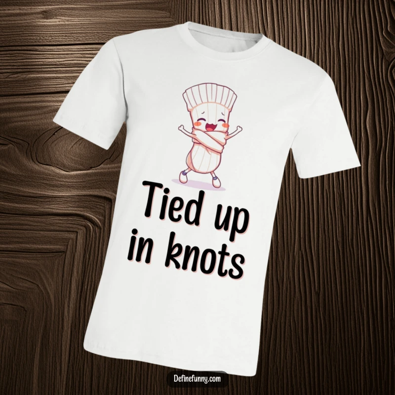 Funny t-shirt showing a clumsy sock character tied in a knot, comically tripping, a humorous depiction of mishap.