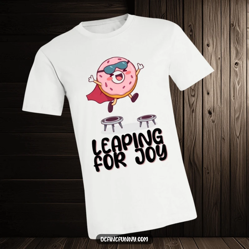 Funny t-shirt showcasing a joyful superhero donut with a cape, mid-air leap over miniature trampolines.