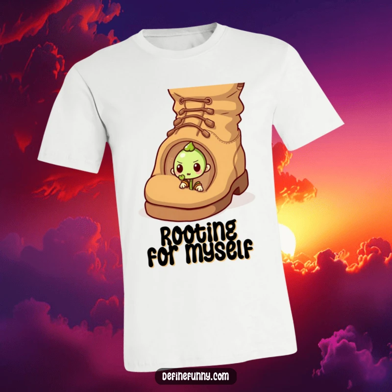 Funny t-shirt of a determined sprout pushing through a giant, comical boot, ideal for an inspiring gift.