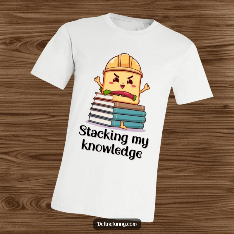 Funny Sandwich Hard Hat T-Shirt: A determined sandwich wearing a hard hat attempts to balance a wobbly stack of books, a funny graphic.