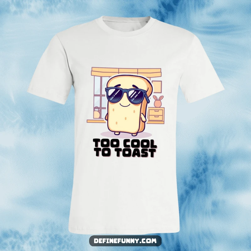 Funny bread t-shirt of a grinning loaf comically wearing sunglasses indoors, exuding effortless cool, excellent gift.