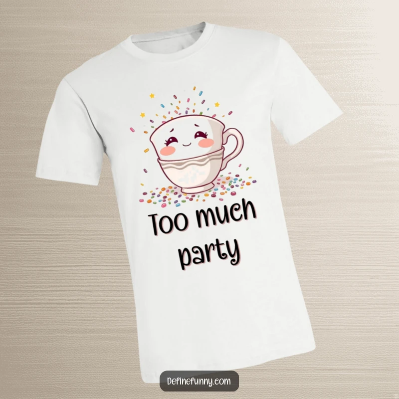 Funny t-shirt featuring a shy teacup character with rosy cheeks hiding from falling confetti, a hilarious introvert gift.