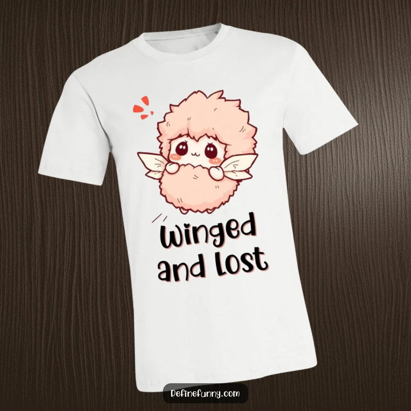 Funny bewildered tiny fluffy slipper with paper wings attempting to fly, printed on a t-shirt.