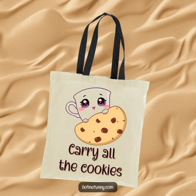 Funny tote bag with a teacup character peeking with surprise at a giant cookie, ideal for carrying treats and smiles.