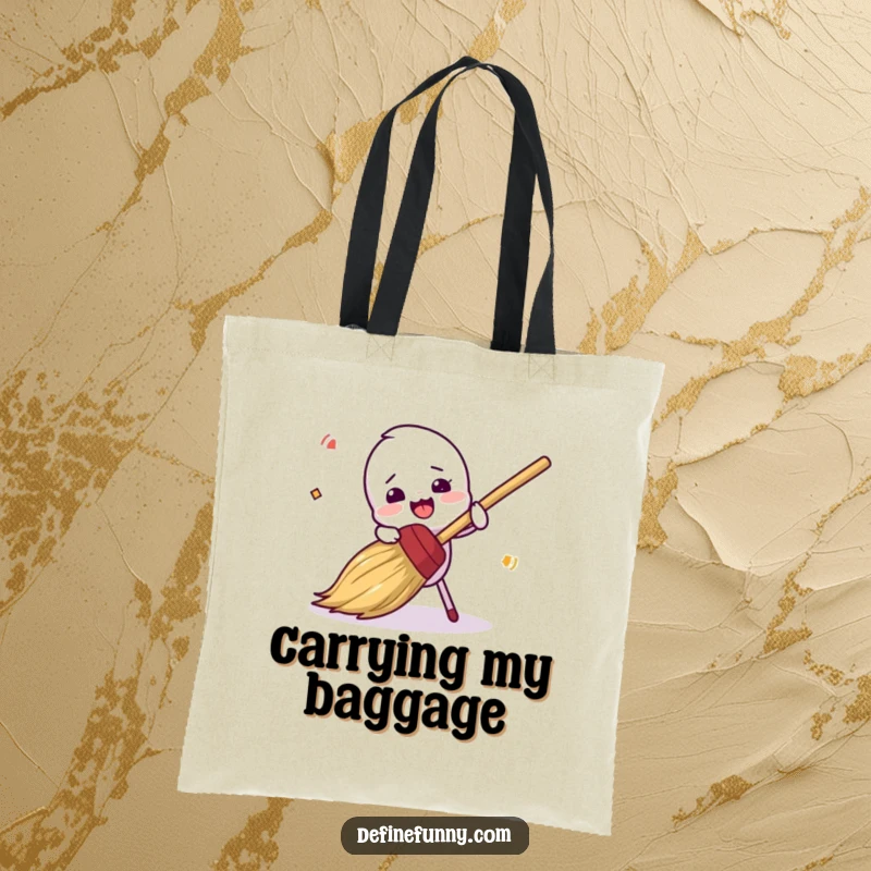Funny, clumsy broom character tripping over bristles, on a durable tote bag, a truly funny gift.