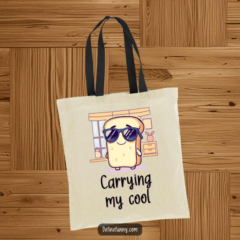 Funny bread tote bag with a grinning loaf comically wearing sunglasses indoors, great for shopping and everyday use.
