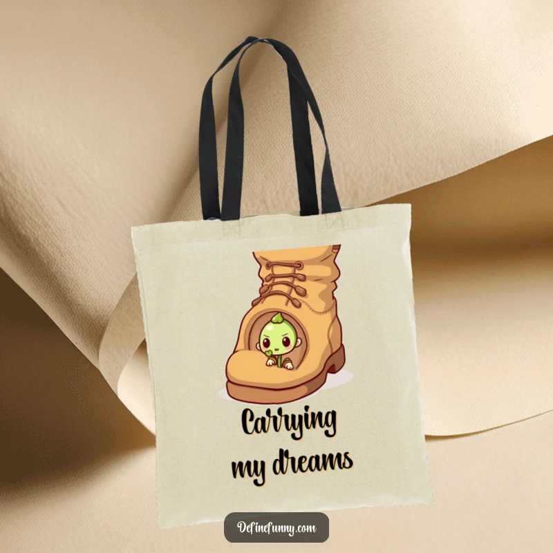 Funny tote bag showcasing a determined sprout pushing through a giant, comical boot, a humorous accessory.